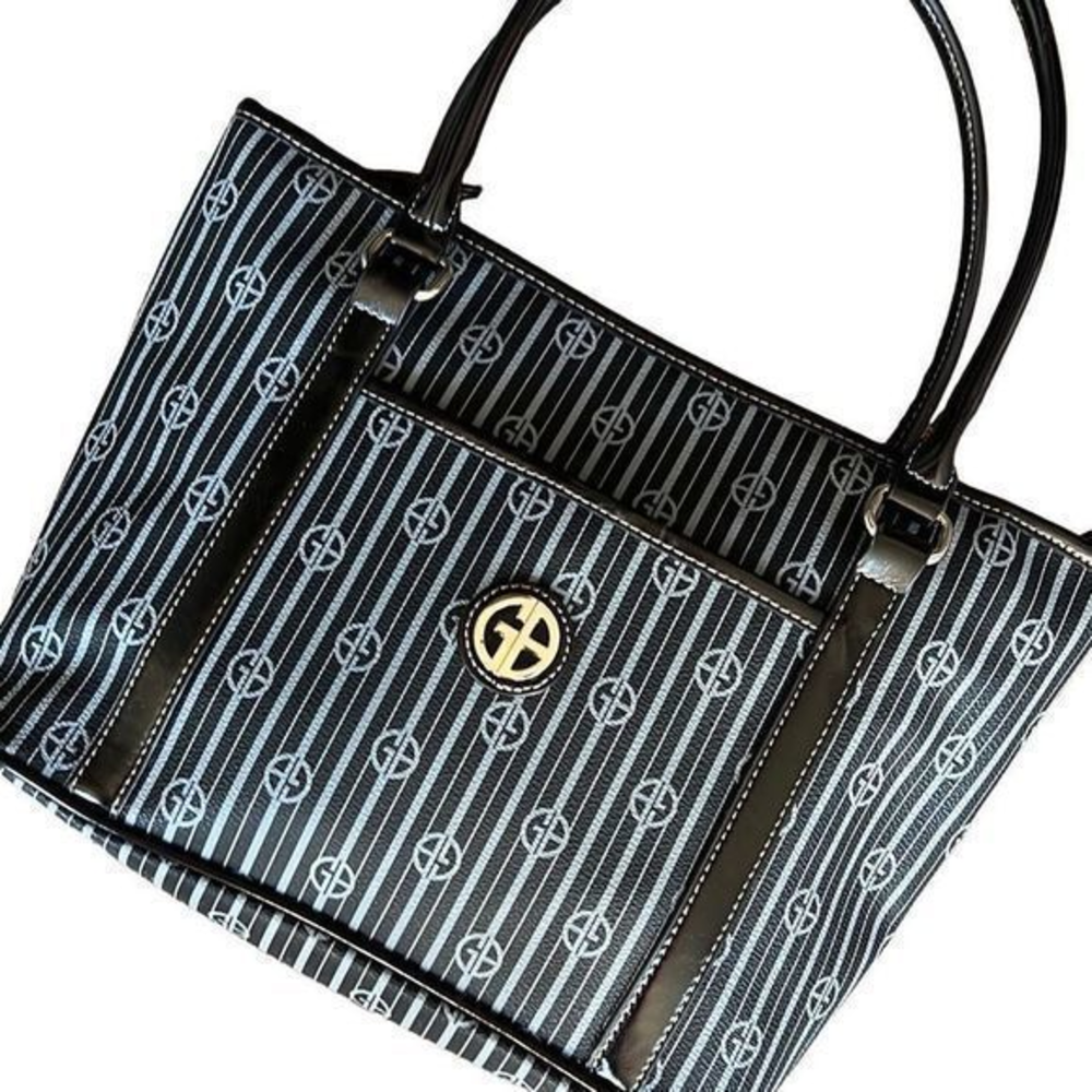 Giani Bernini Shoulder Bag Black & Gray Striped Coated Canvas 12 x‎ 9 x 3.5